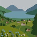 Green hills flat vector landscape illustration Mountain village, forest and lake